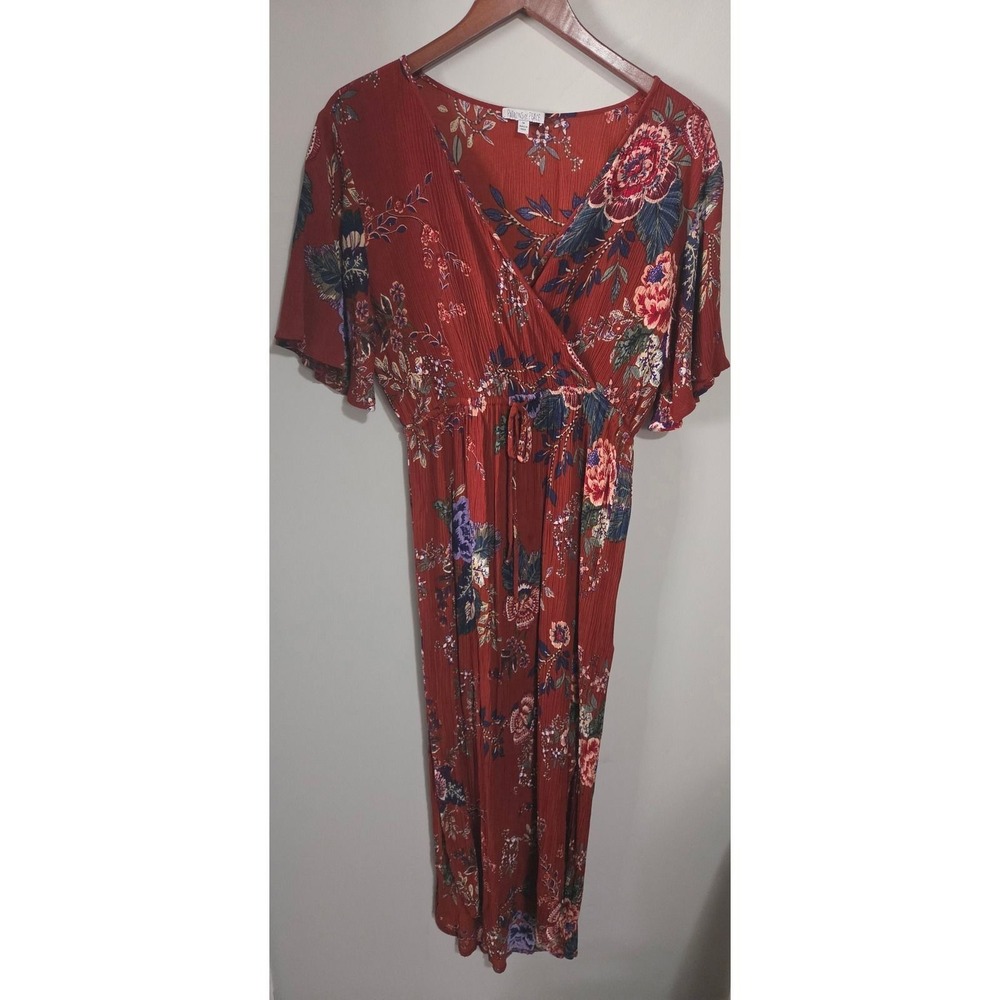 Patrons of Peace‎ Rust Floral Crinkle Rayon Wrap Maxi Dress Womens Medium - Picture 2 of 6
